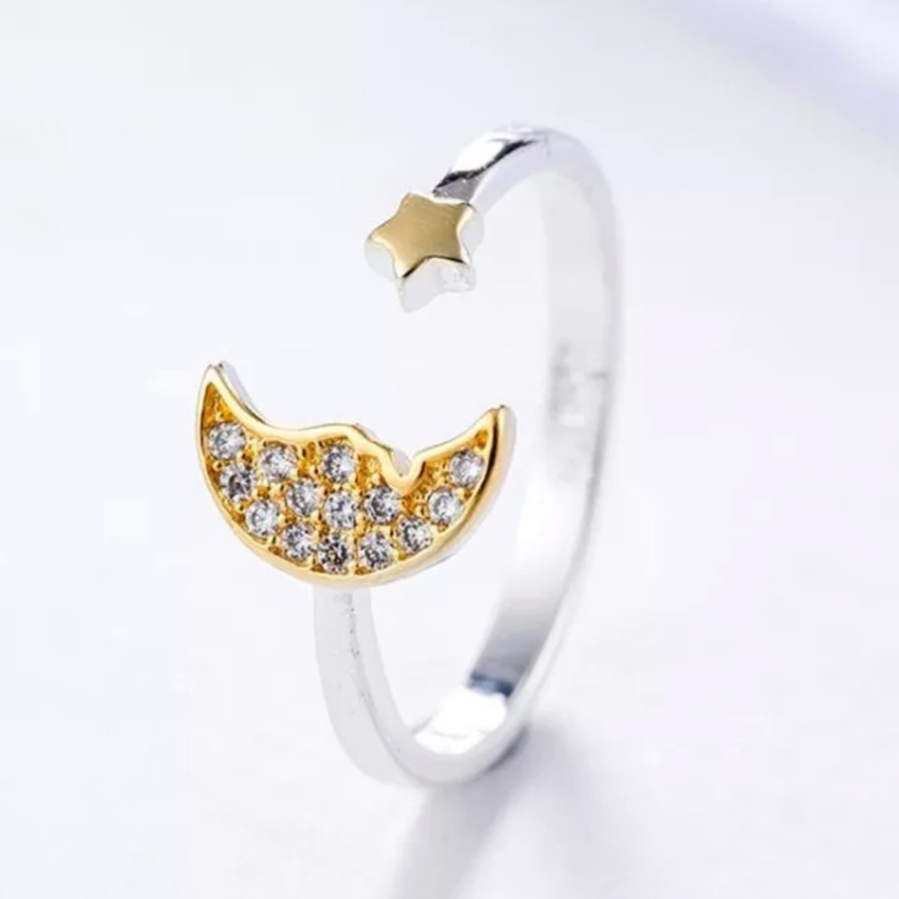 π Gold Colored S 925 Crescent Moon Ring π - Picture 2 of 5